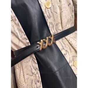 Vintage Paloma Picasso black leather belt with signature gold buckle, size 80